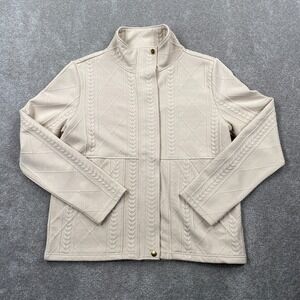 LeModa Women's Full Zip Up Snap Texture Knit Jacket Size M Ivory Long Sleeves